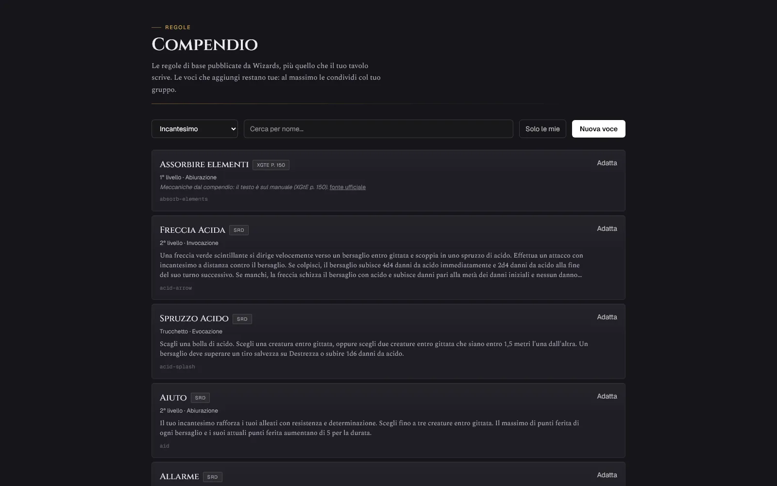 The spell compendium on the player's device