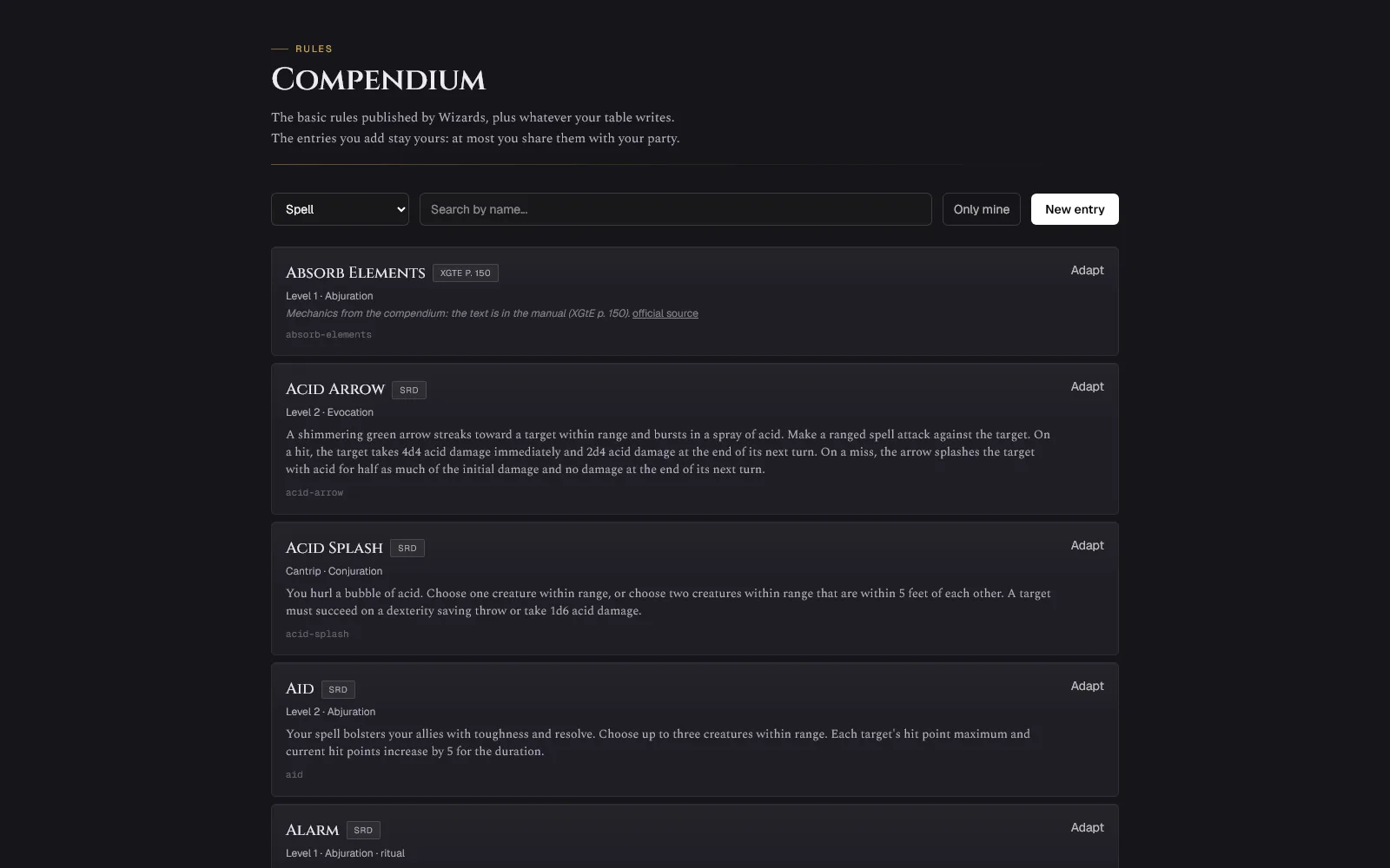 The spell compendium on the player's device